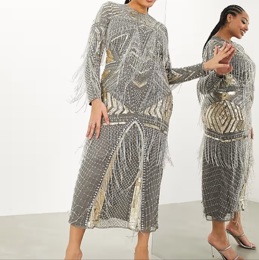 ASOS EDITION Curce Statement Embellished Sequins Fringe Gold and Silver  Sz-14 - Picture 2 of 12